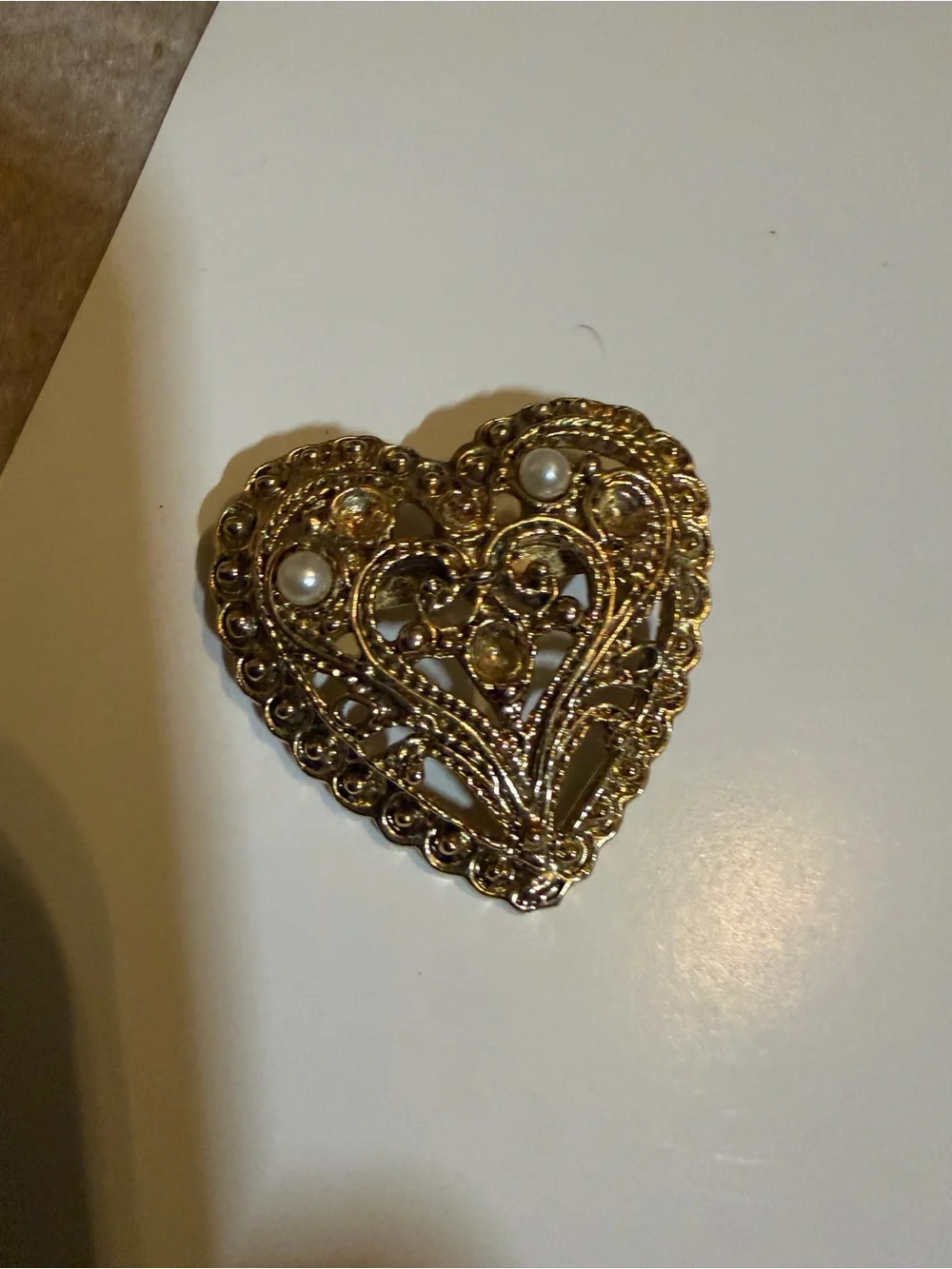 Gold Heart Filigree Brooch with Pearl Accents